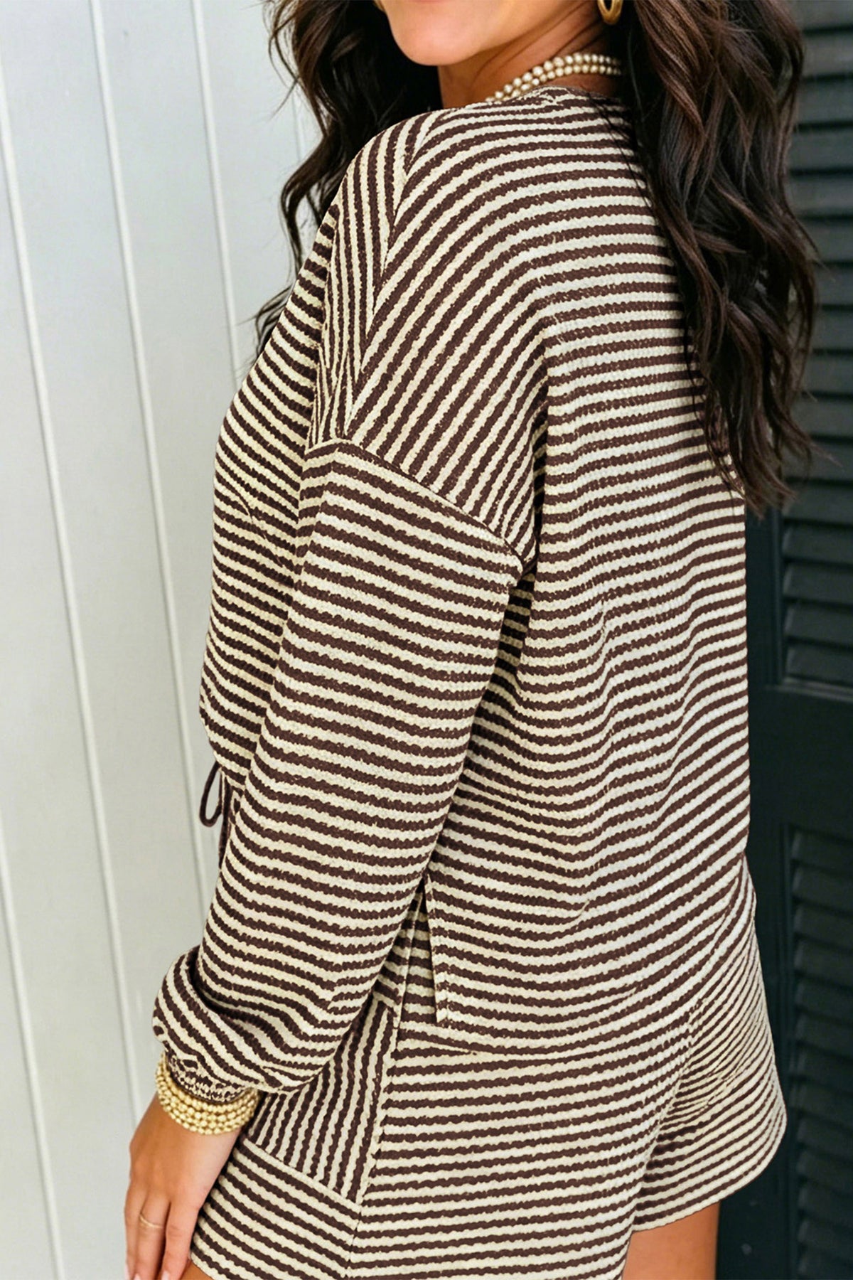 Women's Brown Stripe Textured Knit Long-Sleeve Top Elastic Waist Shorts Casual Outfit