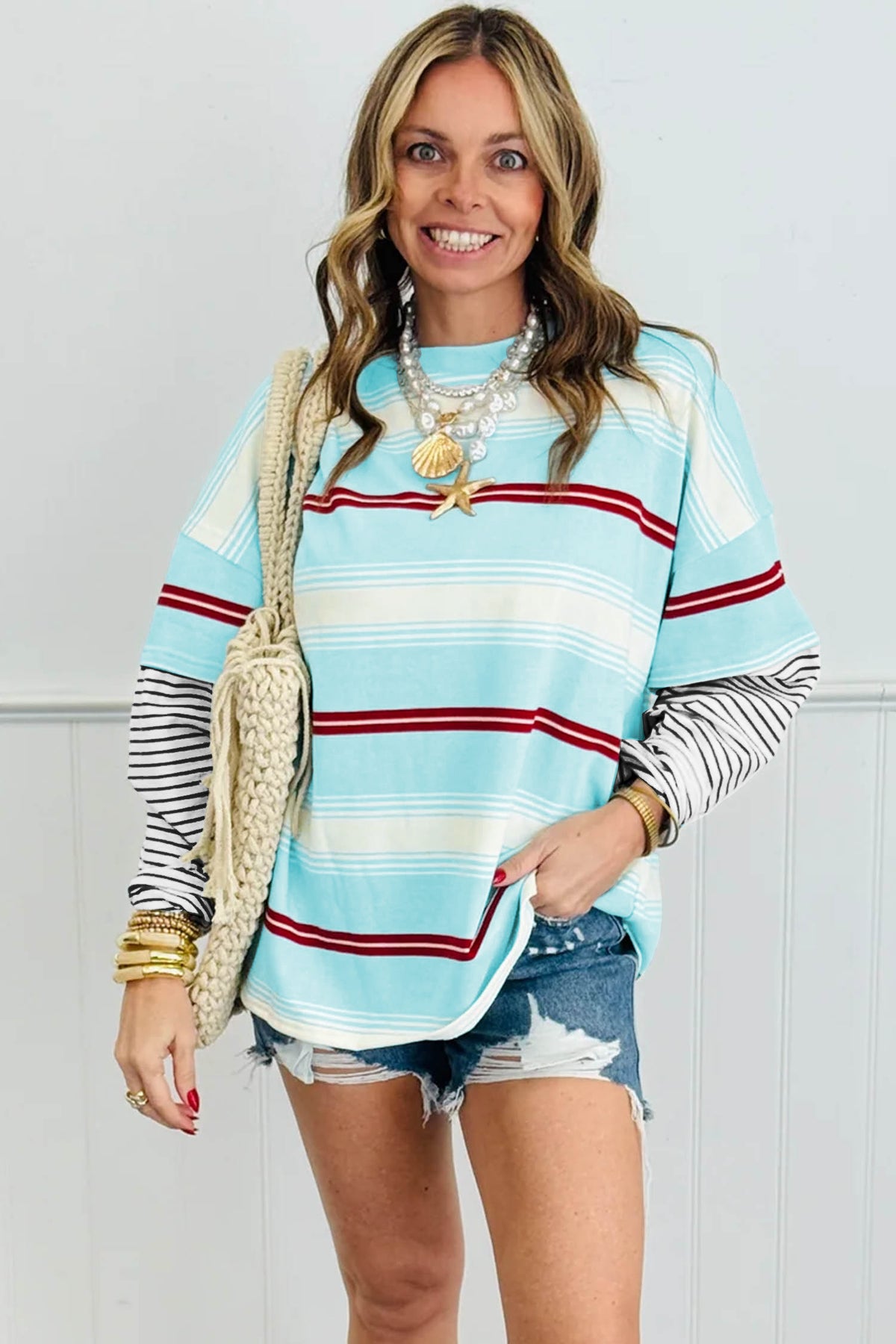 Sky Blue Stripe Striped Patchwork Pullover Top