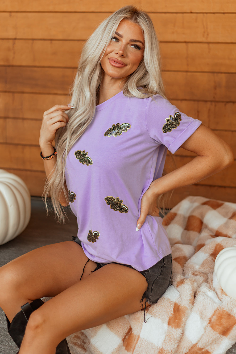 Wisteria Sequin Halloween Bat Patched Casual T-Shirt