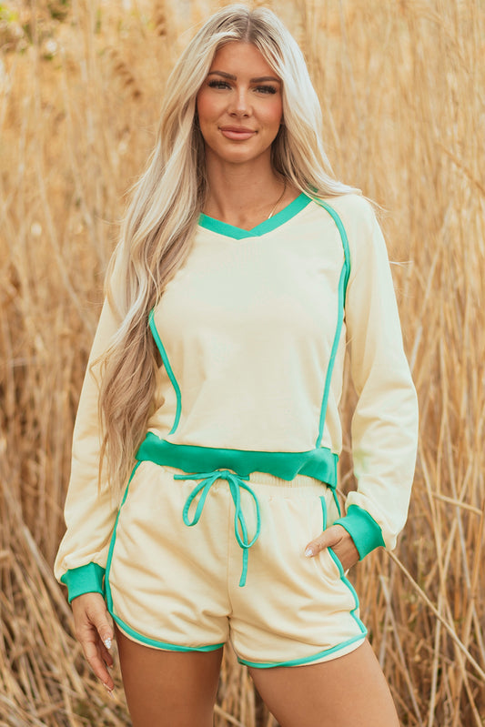 White Colorblock Long Sleeve Pullover and Drawstring Shorts Set