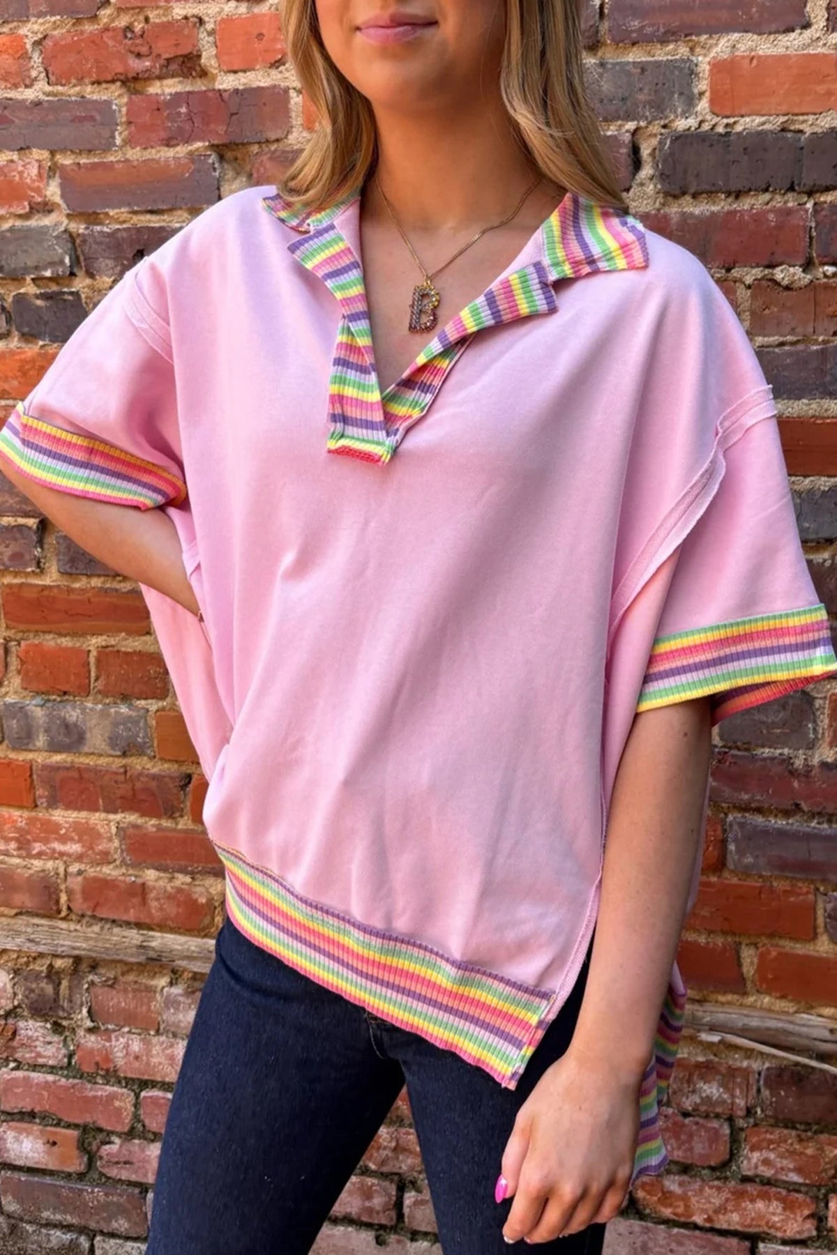 Pink Rainbow Stripe Ribbed Patchwork Raw Seam Oversize Polo Tee
