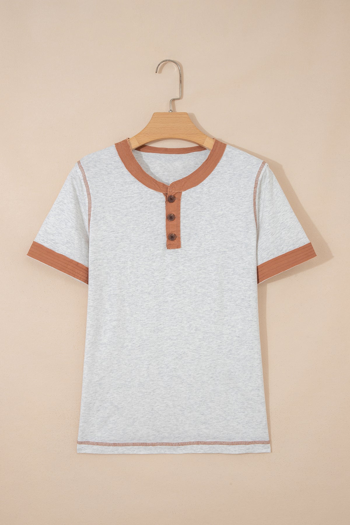 Light Grey Raw Seam Color Block Detail Buttoned Henley Tee