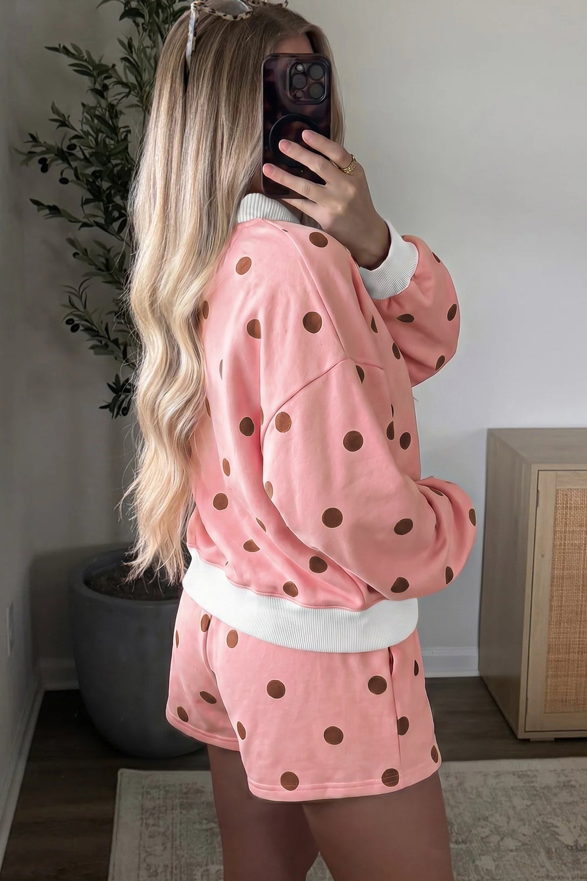 Women's Pink Polka Dot Ribbed Trim Long-Sleeve Top Casual Shorts Set