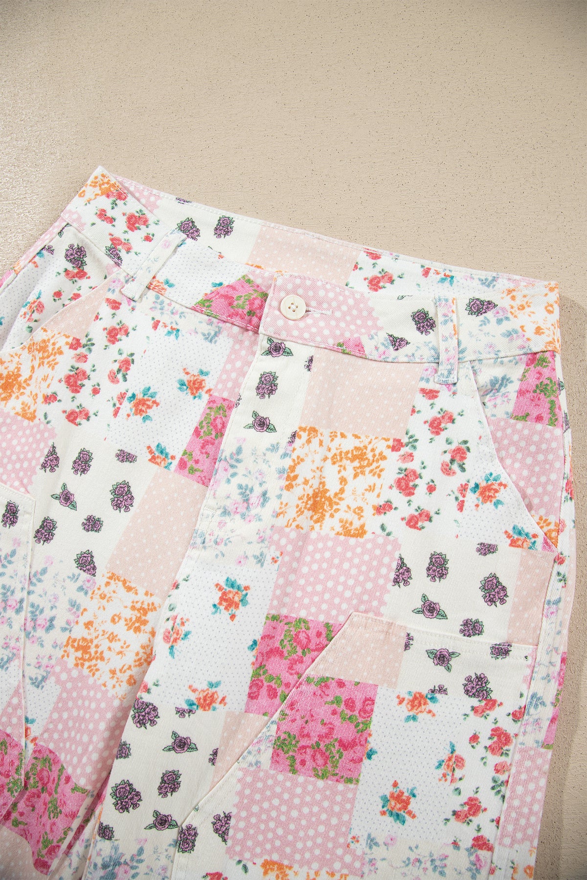 Pink Floral Patchwork Wide Leg Full-Length Jeans