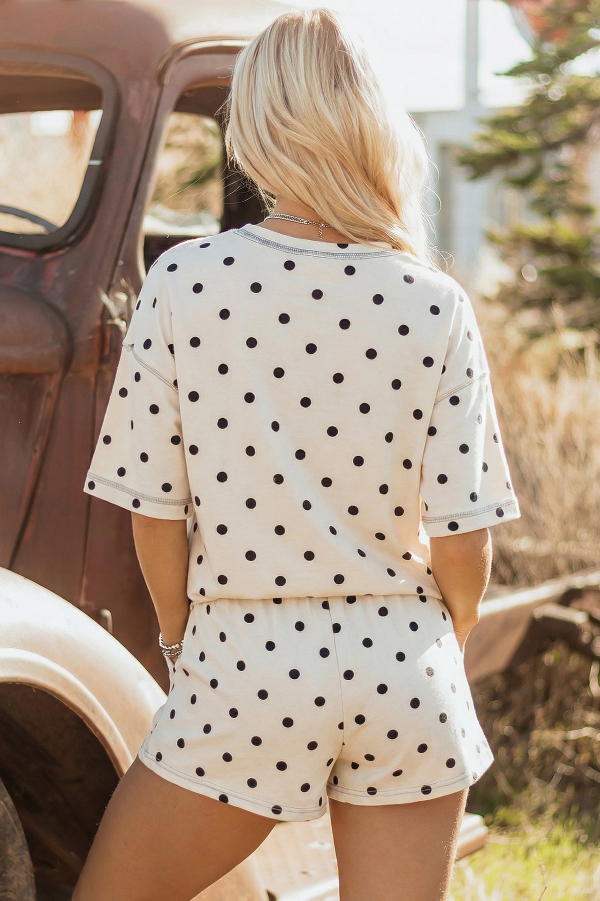 Women's Pink Polka Dot Short-Sleeve Loose Top Drawstring Shorts Set