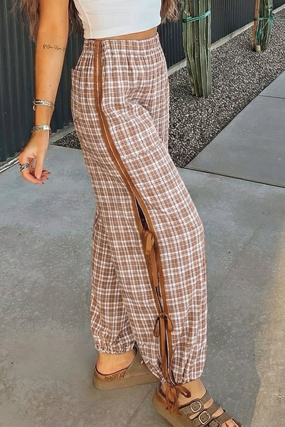 Chestnut Plaid Print Elastic Waist Bow Tie Contrast Jogger Pants