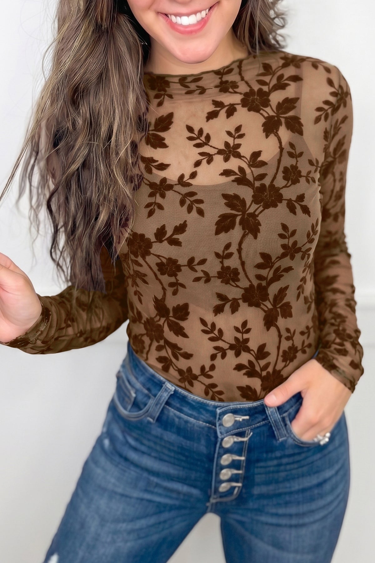 Apricot Floral Mesh Round Neck Sheath Top