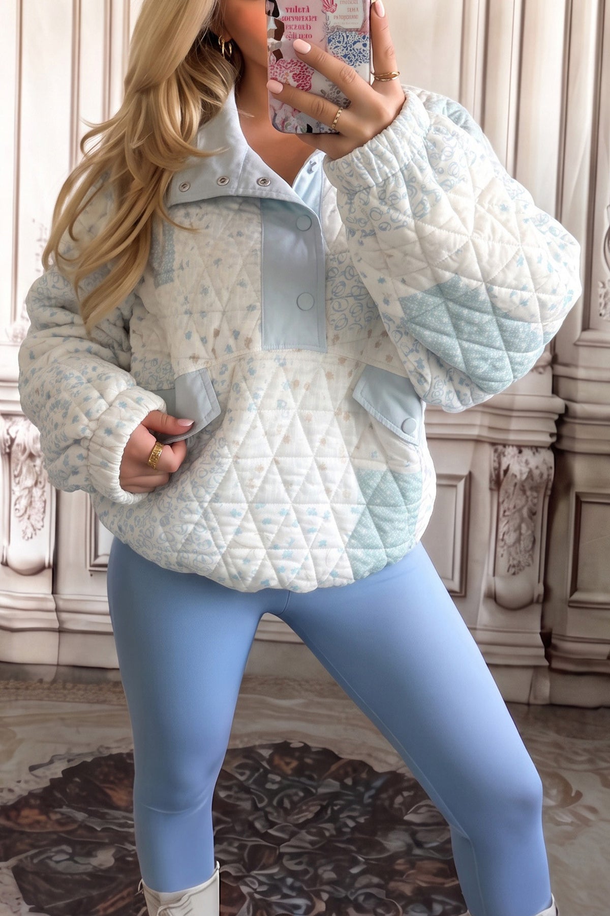 Multicolour Floral Quilted Half Button Pocketed Sweatshirt
