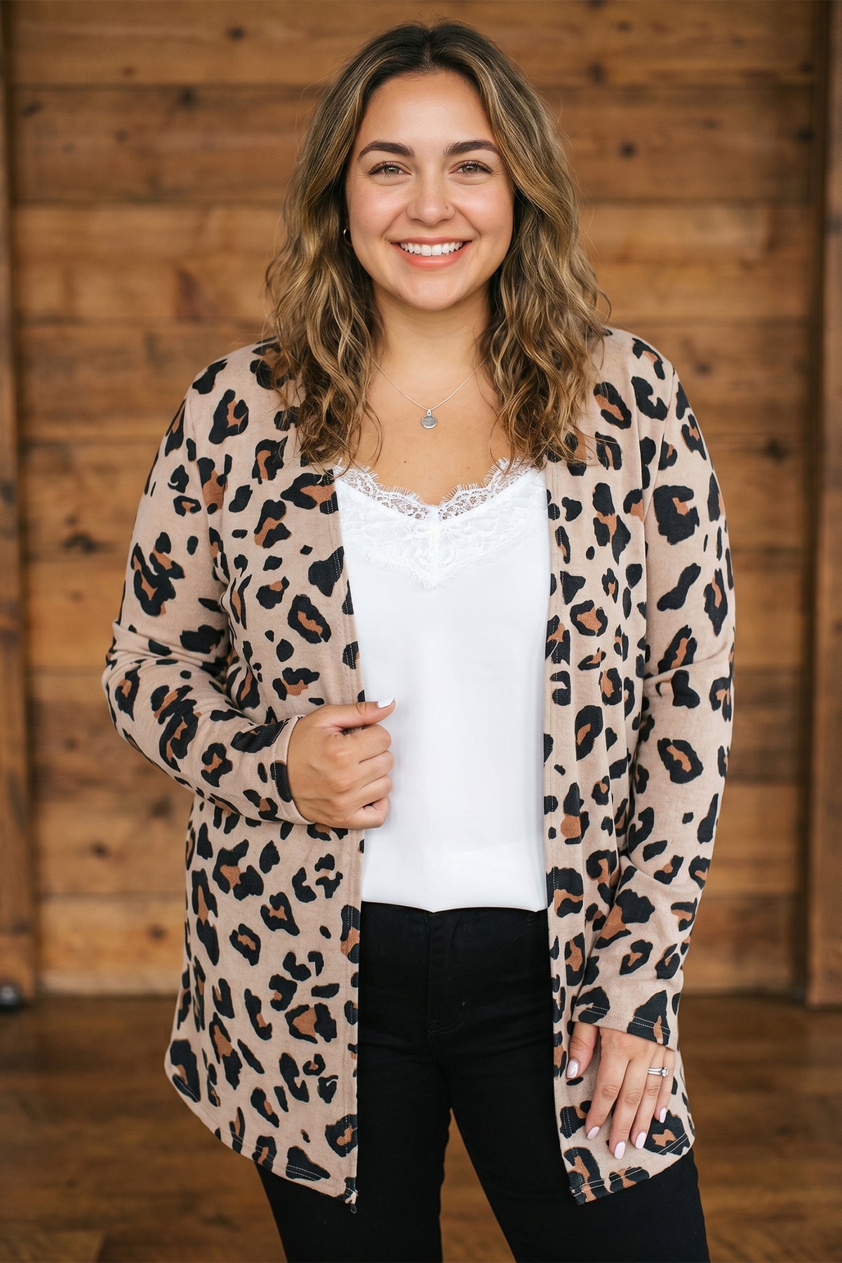 Khaki Leopard Print Long-Sleeve V-Neck Tunic Plus Size Cardigan