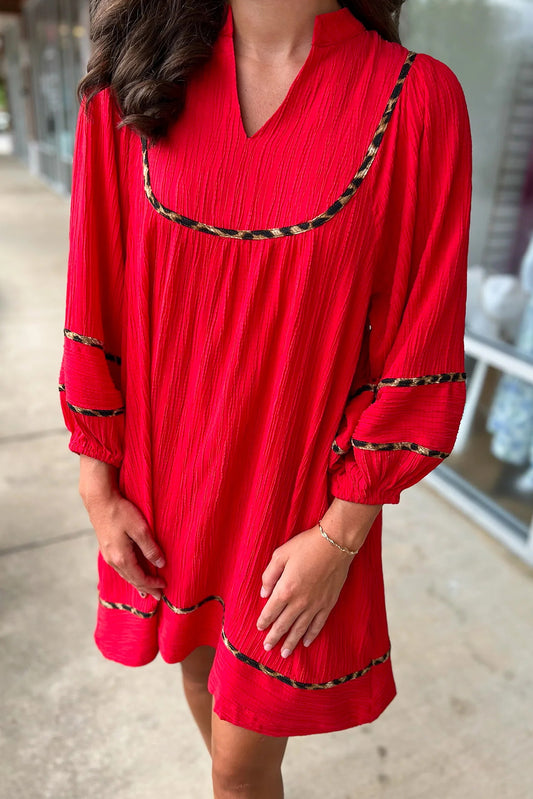 Fiery Red Textured V Neck Leopard Trim Long Sleeve Shift Mini Dress