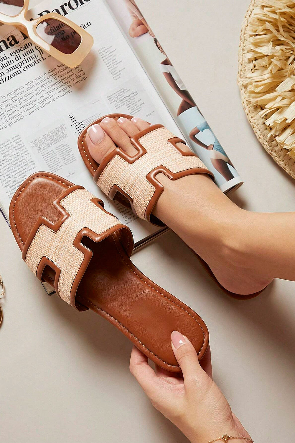 White Faux Raffia Hollowed Open-Toe Sandals