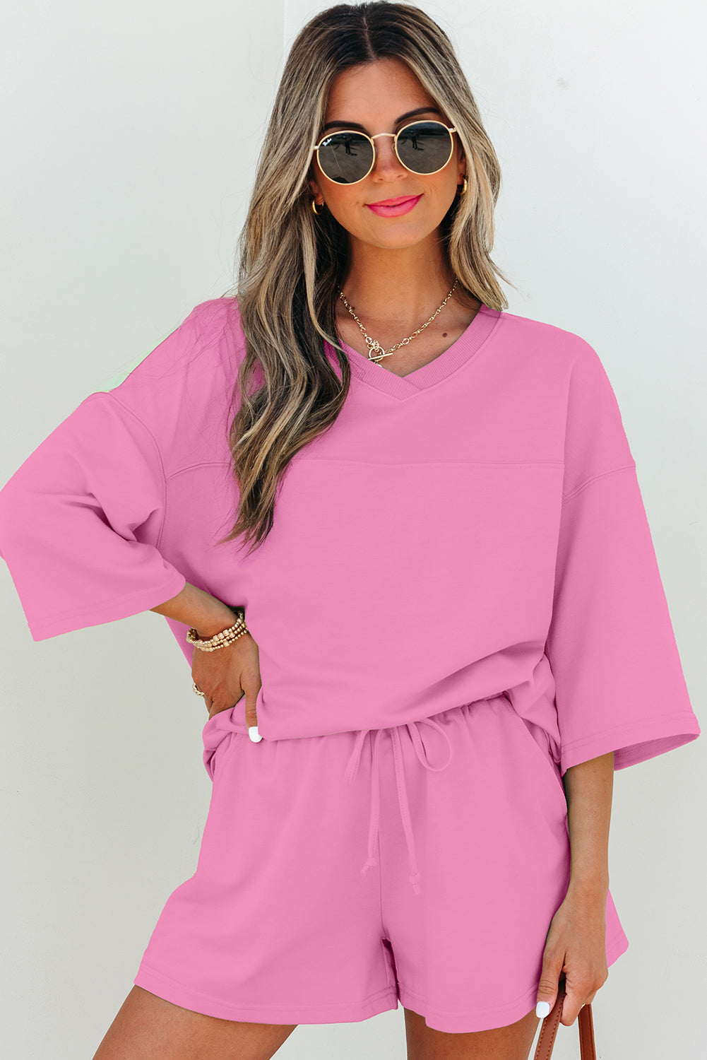 Women's Meadow Mist Green Solid V-Neck Half Sleeve Tee and Shorts Set