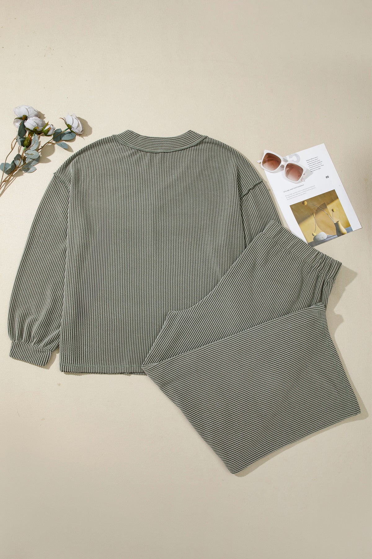 Four Leaf Clover Twisted Ribbed Exposed Seam Detail V-Neck Pullover Plus Size Pant Set