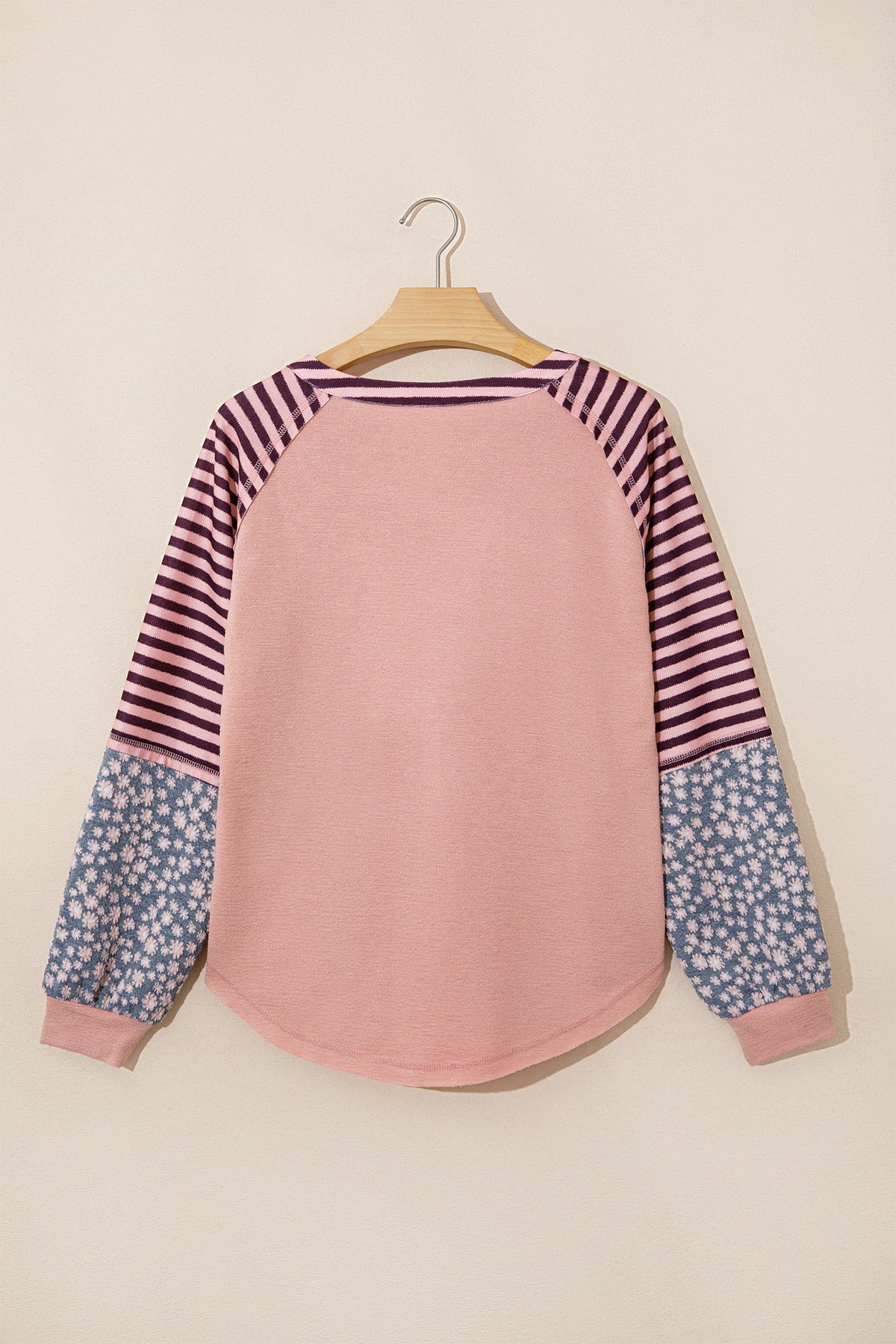 Light Pink V Neck Colorblock Patchwork Striped Floral Top