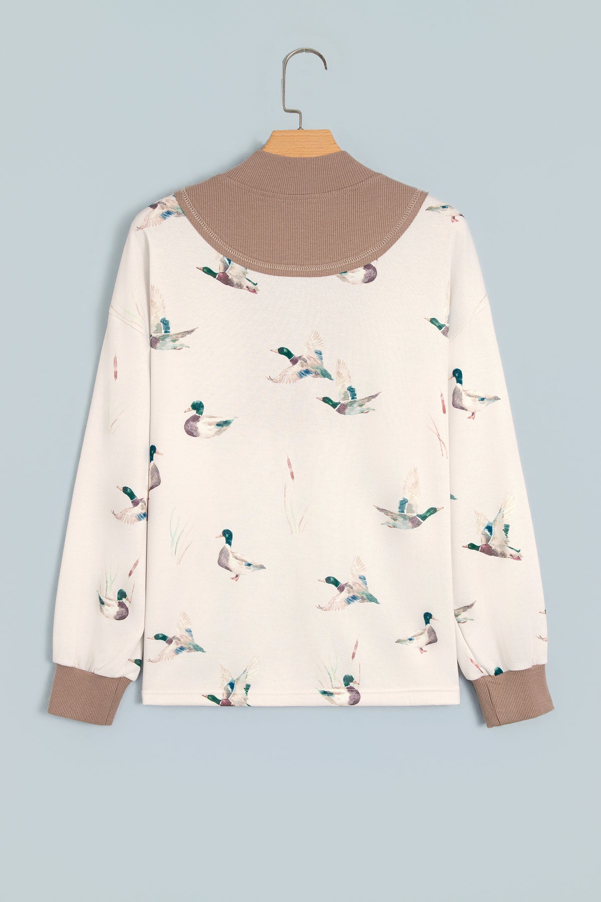 Beige Wild Mallard Print Color Block Zip Neck Tunic Top