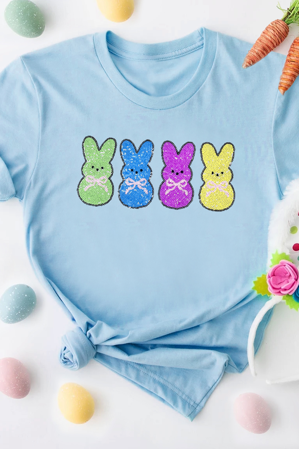 Light Blue Sequin Bunny Doll Graphic Casual T-Shirt