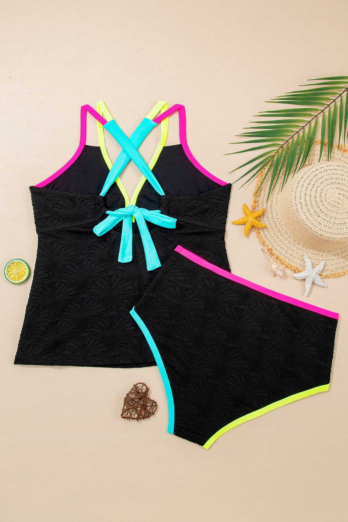 Black Floral-Texture Neon-Trim Tankini