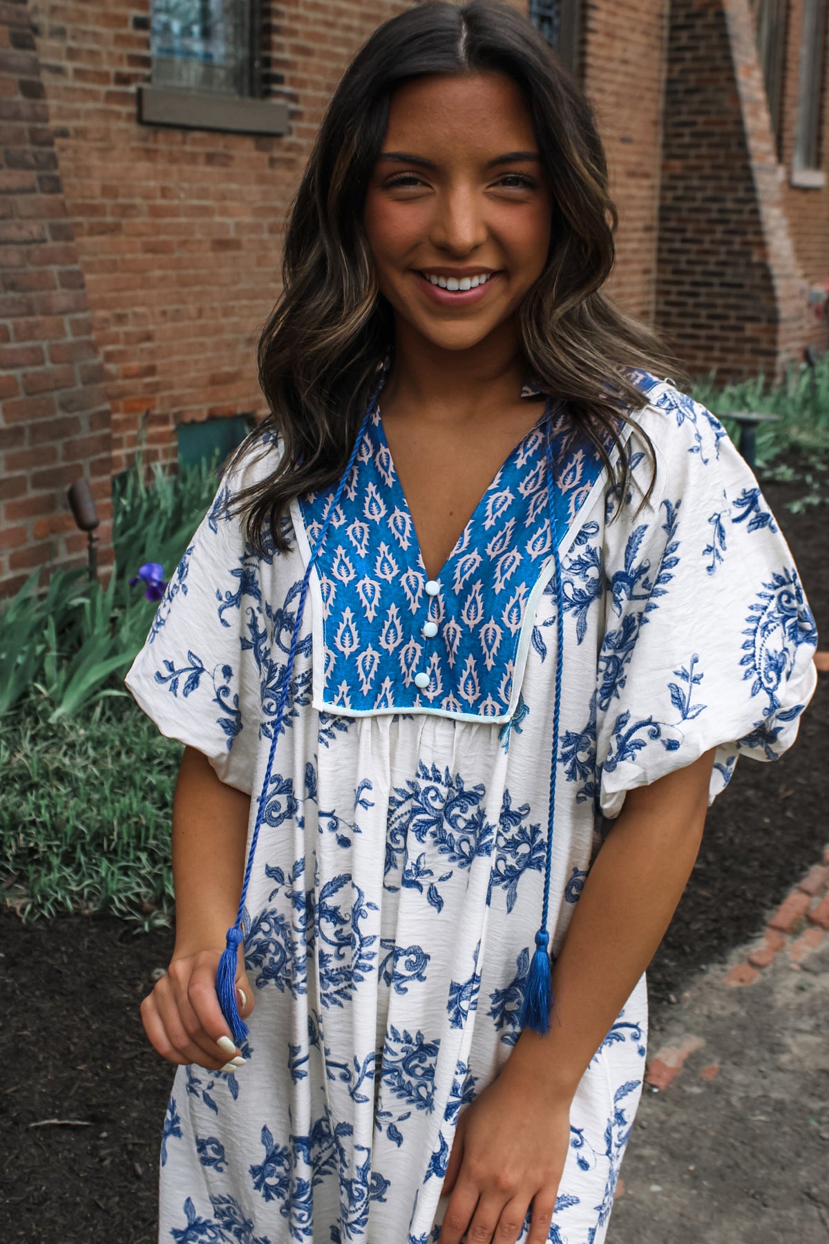 Sky Blue Boho Abstract Print V Neck Tassel Tie Dress