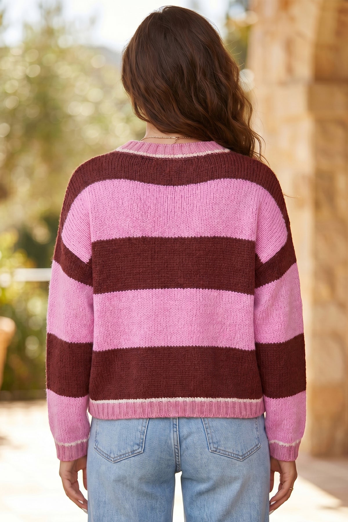 Pink Stripe Striped Drop Shoulder Long Sleeve Pullover Knit Sweater