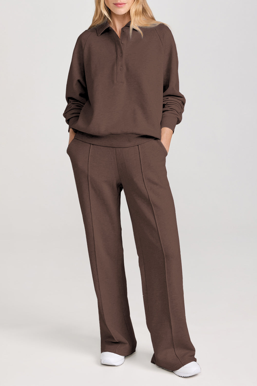 Dark Brown Solid Sweatshirt and High Waist Pants Active Set