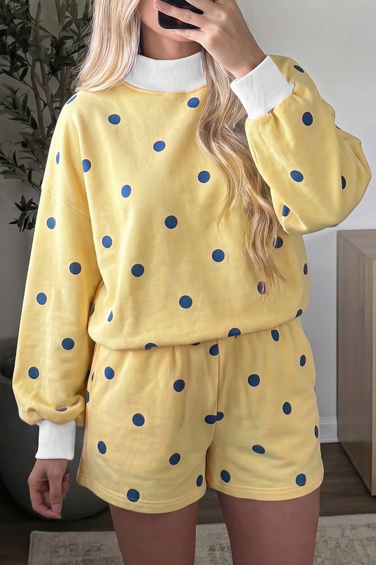 Women's Pink Polka Dot Ribbed Trim Long-Sleeve Top Casual Shorts Set