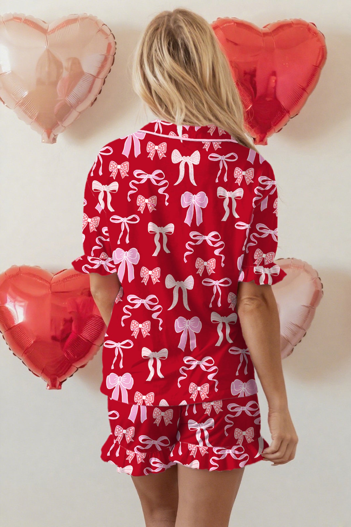 Red Sweet Bow Print Ruffled Short Sleeve Shirt Shorts Pajama Set