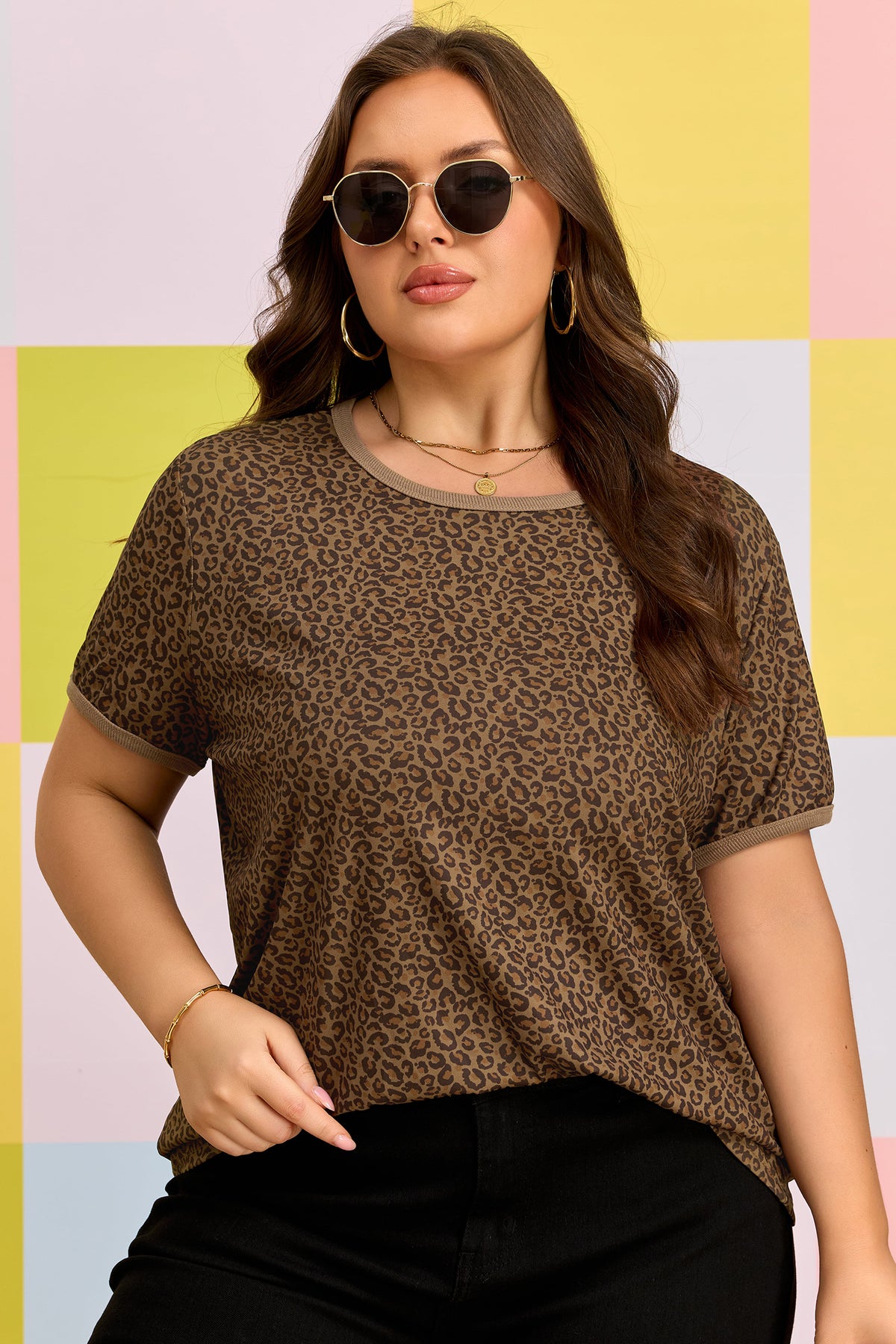 Khaki Plus Size Leopard Print Ribbed Trim Round-Neck Tee