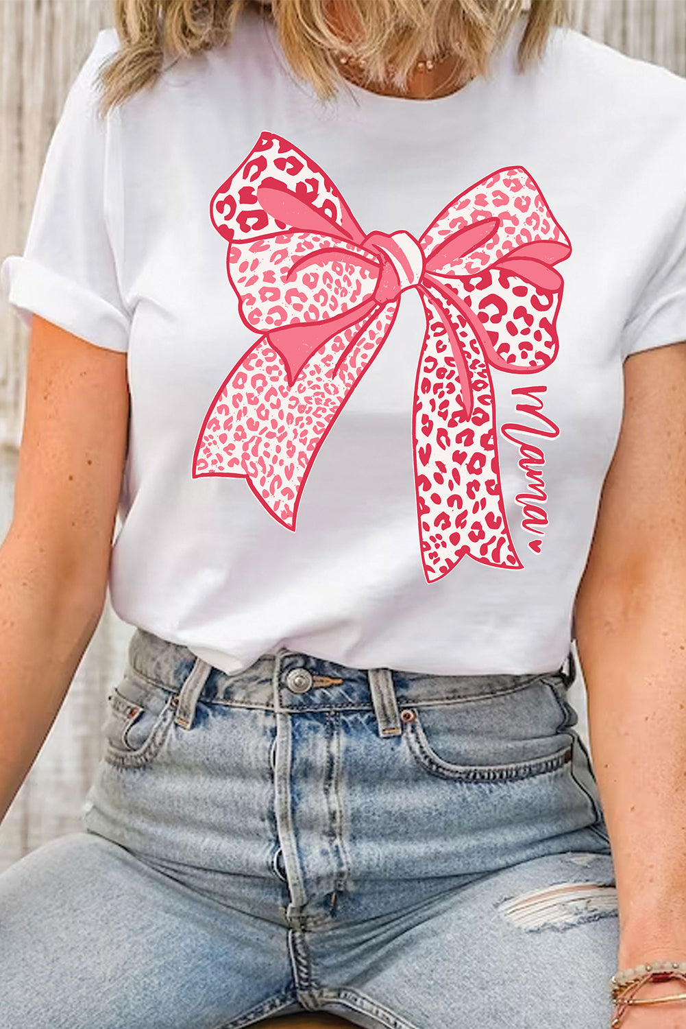 White Leopard Bow Graphic Mothers Day Fashion T-Shirt