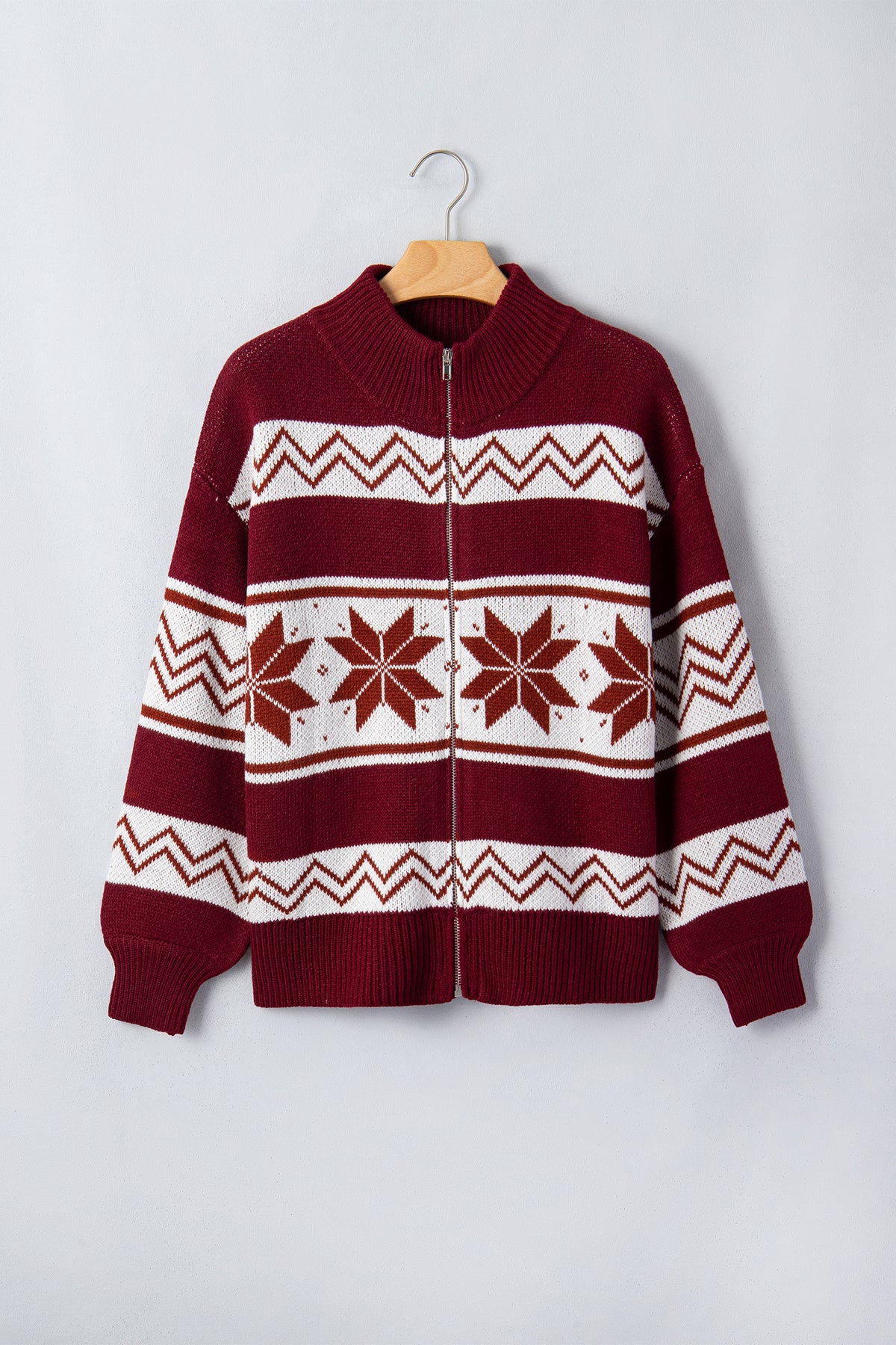 Red Geometric Pattern Zip-Up Knit Long Sleeve Cardigan