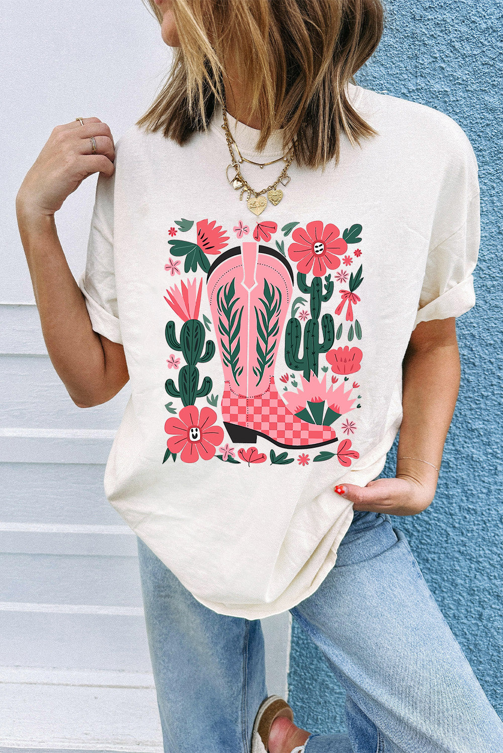 White Western Boots Flower Print Round Neck T-Shirt
