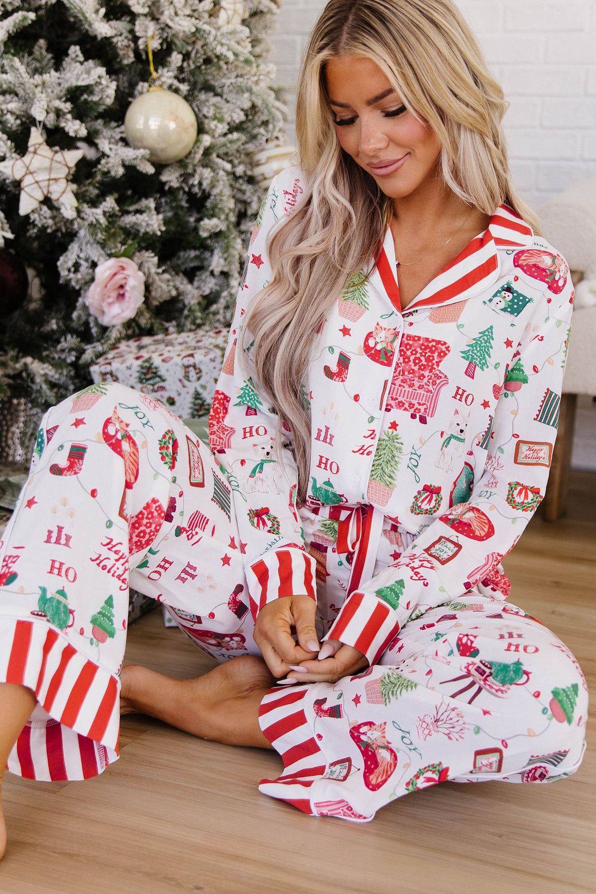 White Striped Holiday Long Sleeve Shift Home Wear Lounge Set