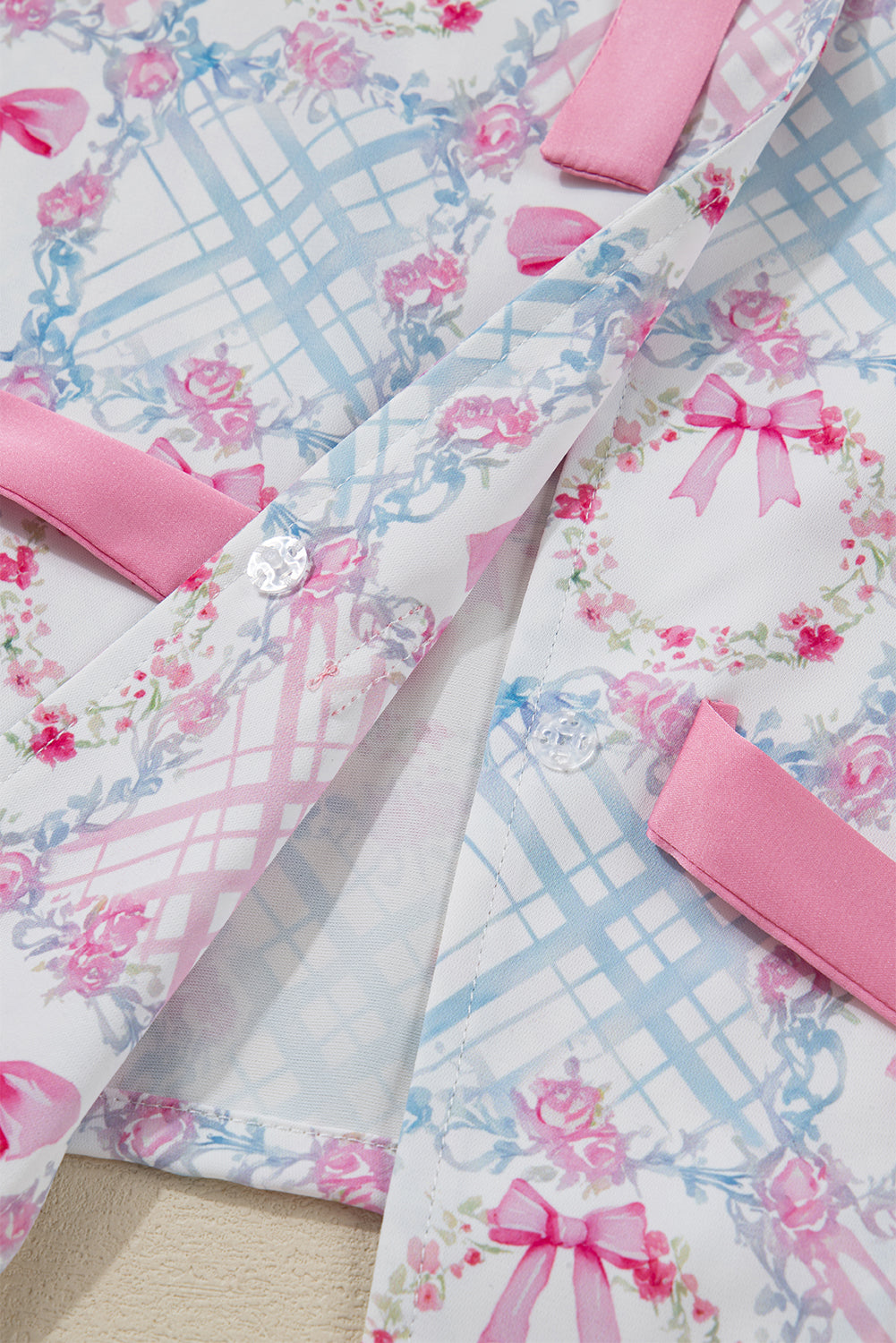 Pink Bow Wreath Christmas Tied Front Long Sleeve Pajama Set