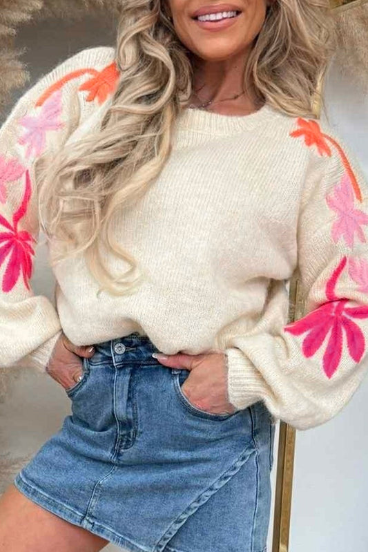 Beige Embroidered Floral Sleeve Round Neck Loose Sweater