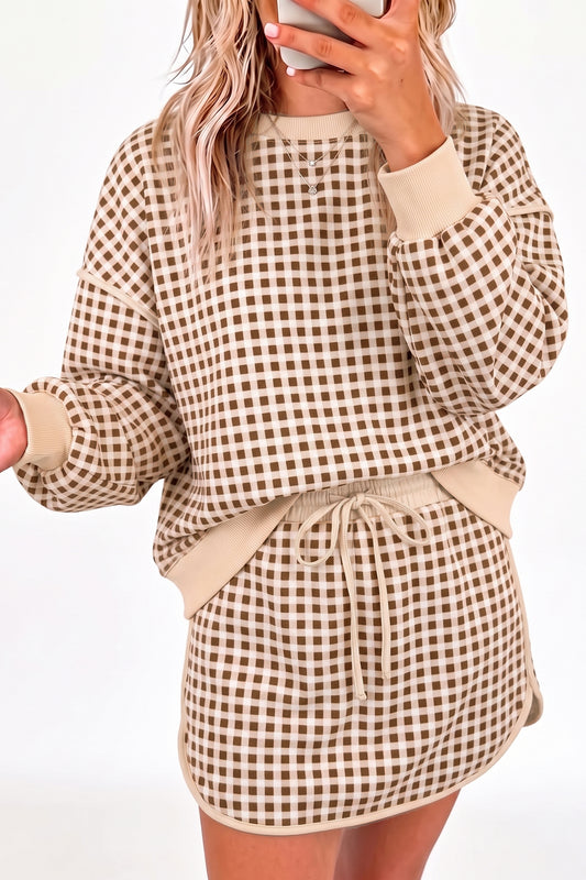 Brown Gingham Oversized Ribbed Crew Neck Long Sleeve Top and Skort Set