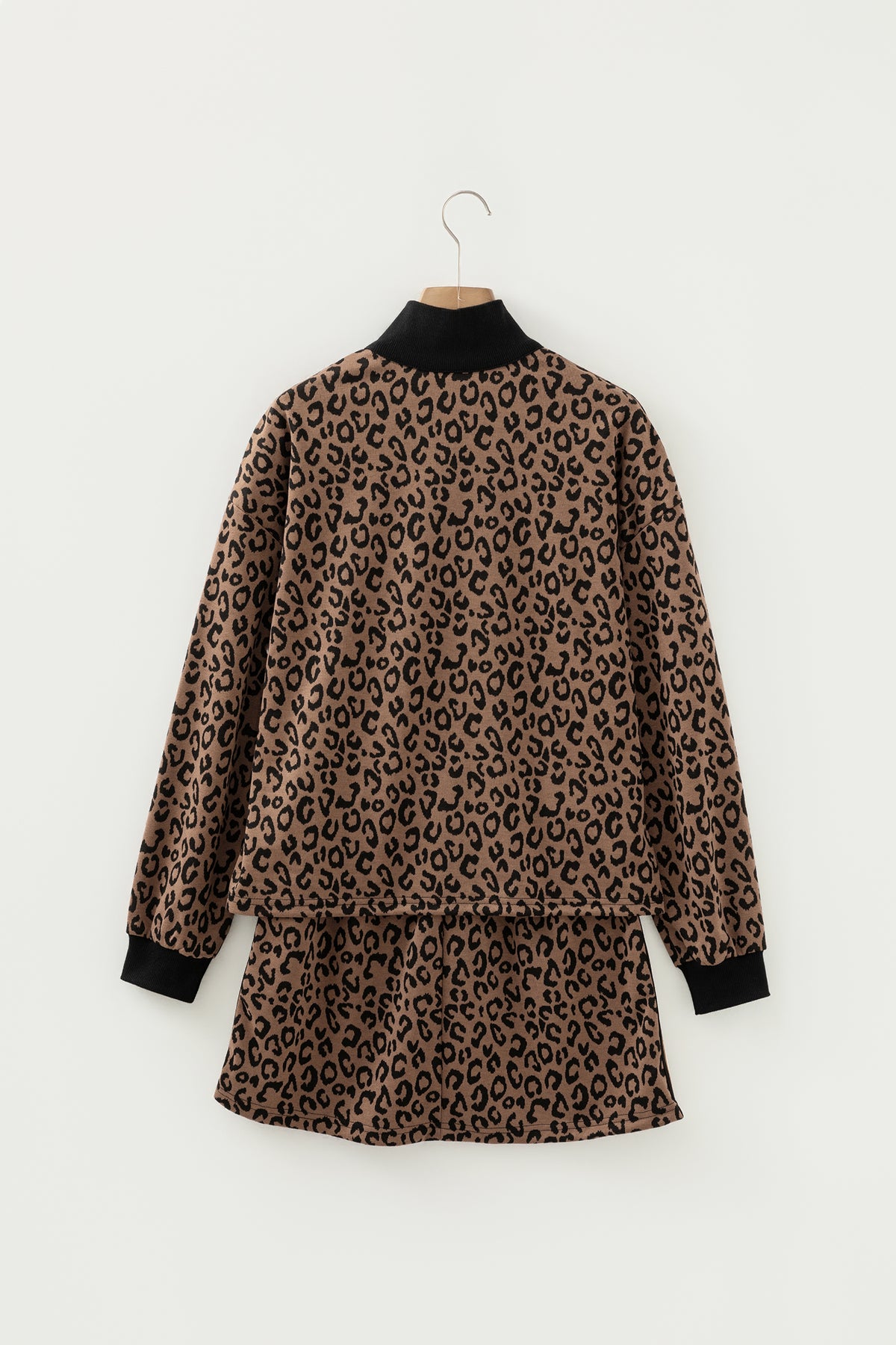 Women's Khaki Leopard Print Quarter Zip Long-Sleeve Top Mini Skort Set