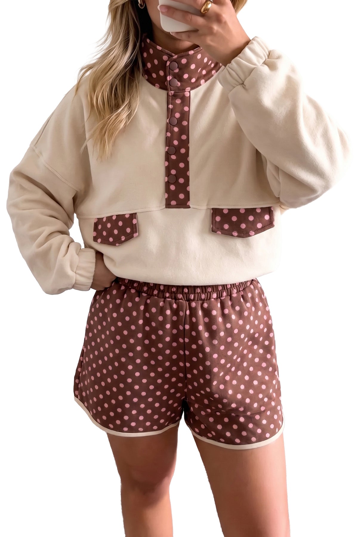 Brown Polka Dot Contrast Baggy Pullover and Elastic Waist Shorts Set
