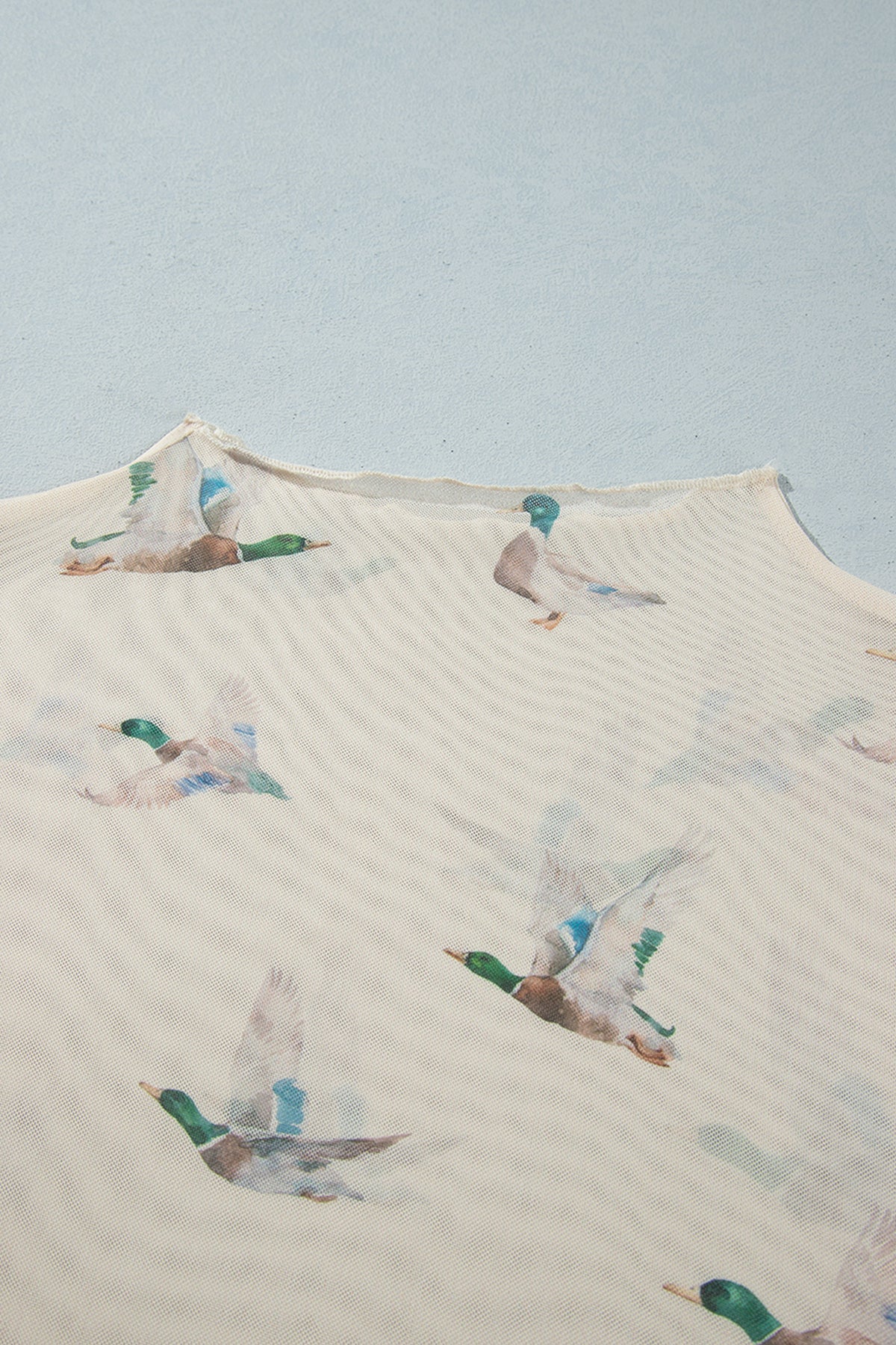 Beige Mesh Duck Print Tunic Long-Sleeve Plus Size Blouse