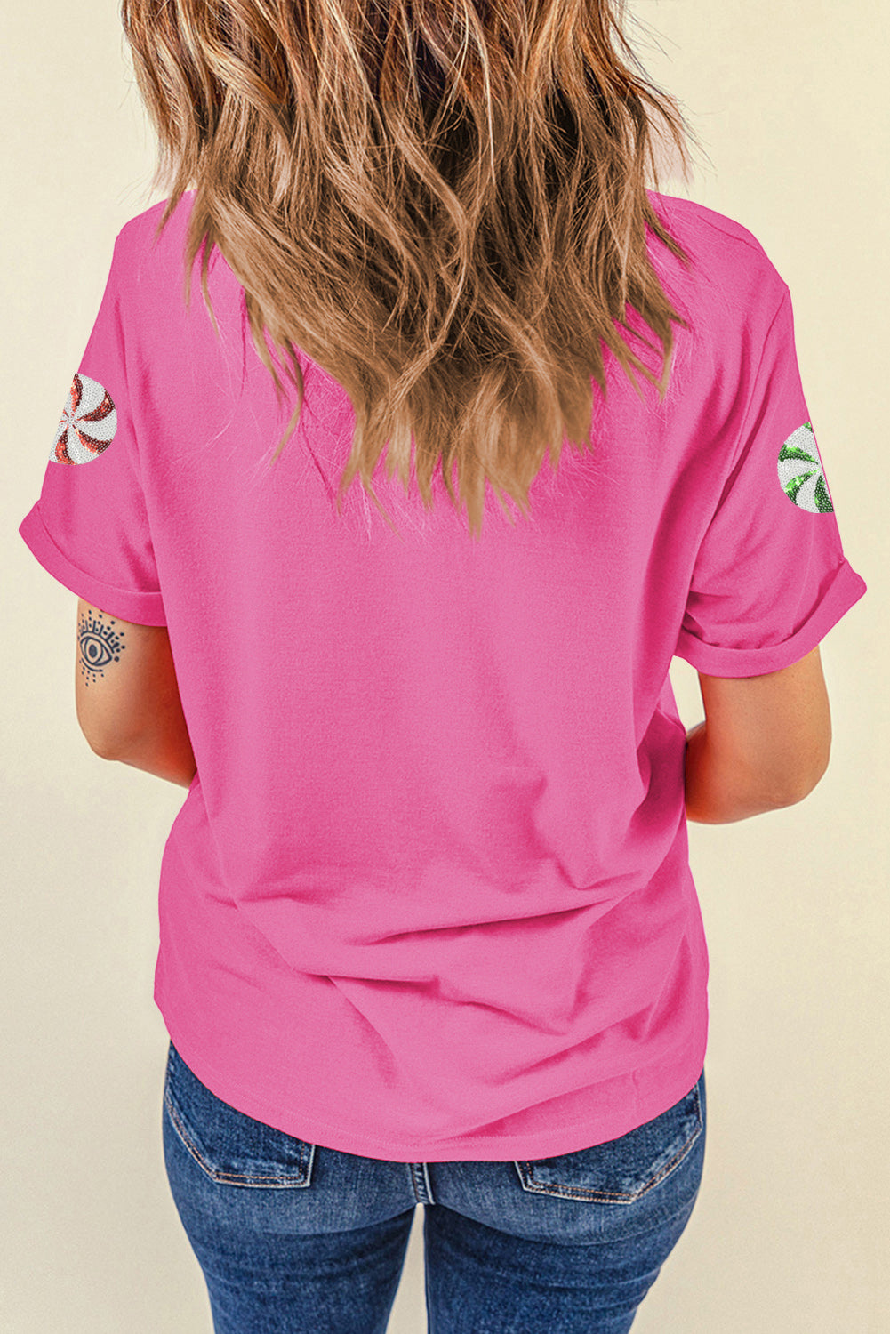 Sachet Pink Sequined Peppermint Pattern Christmas Custom T-Shirt
