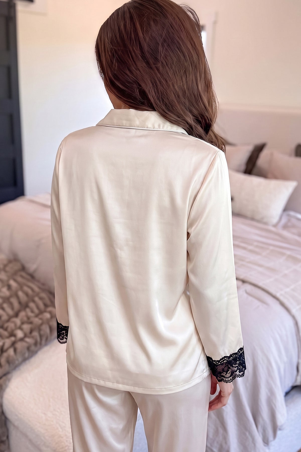 White Long Sleeve Lace Trim Button Front Pajama Set