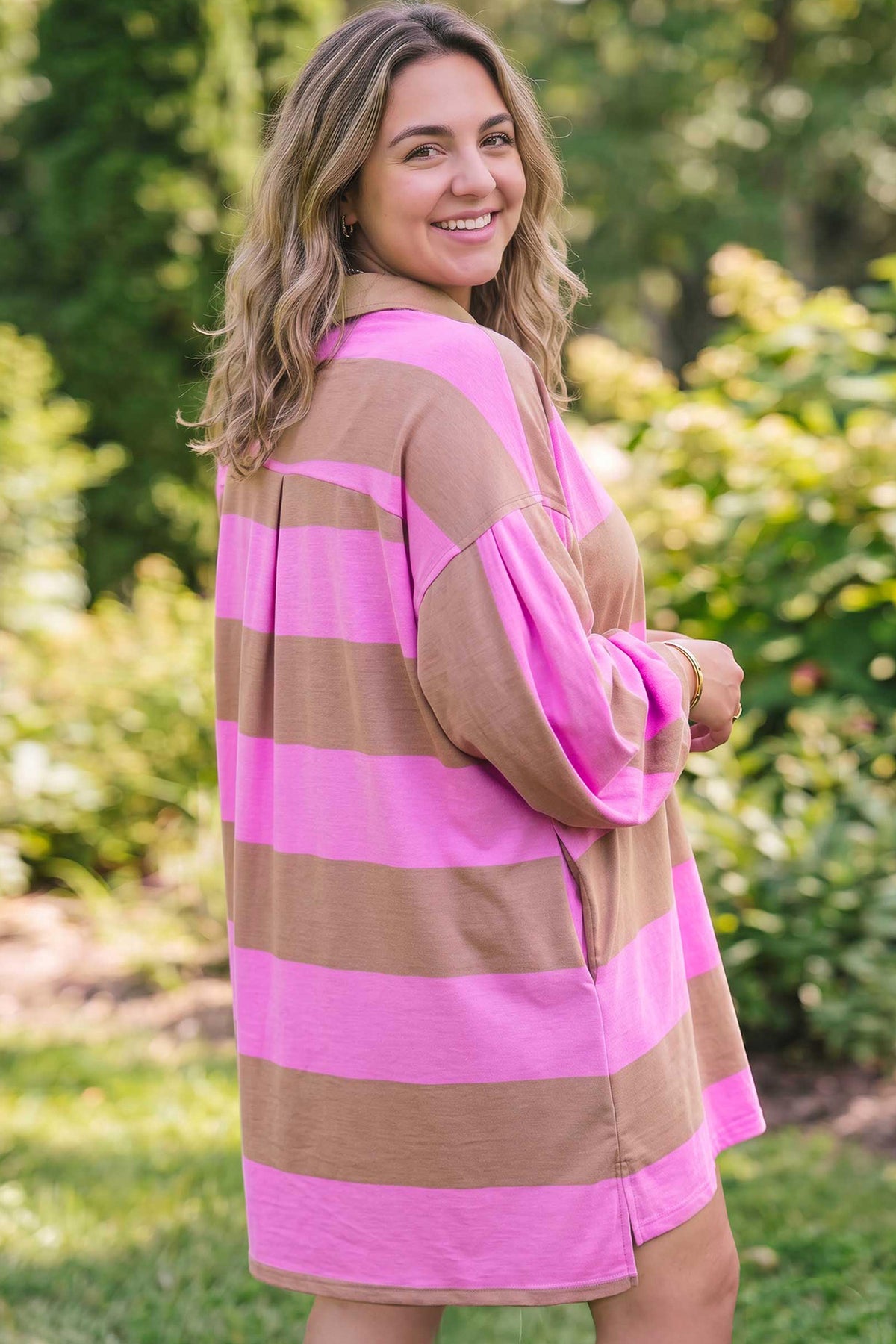 Rose Stripe Striped Color-Block Long-Sleeve V-Neck Shift Plus Size Dress