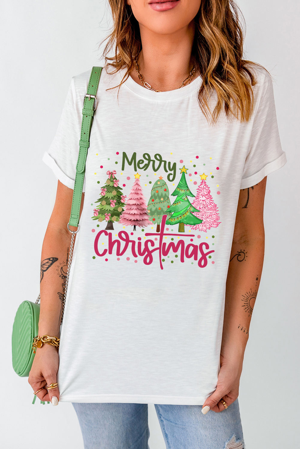 White Merry Christmas Holiday Vibe Graphic Crewneck T-Shirt