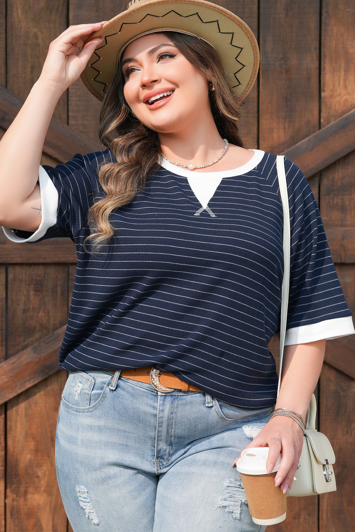 Blue Stripe Contrast Trim Plus Size Ribbed T-Shirt