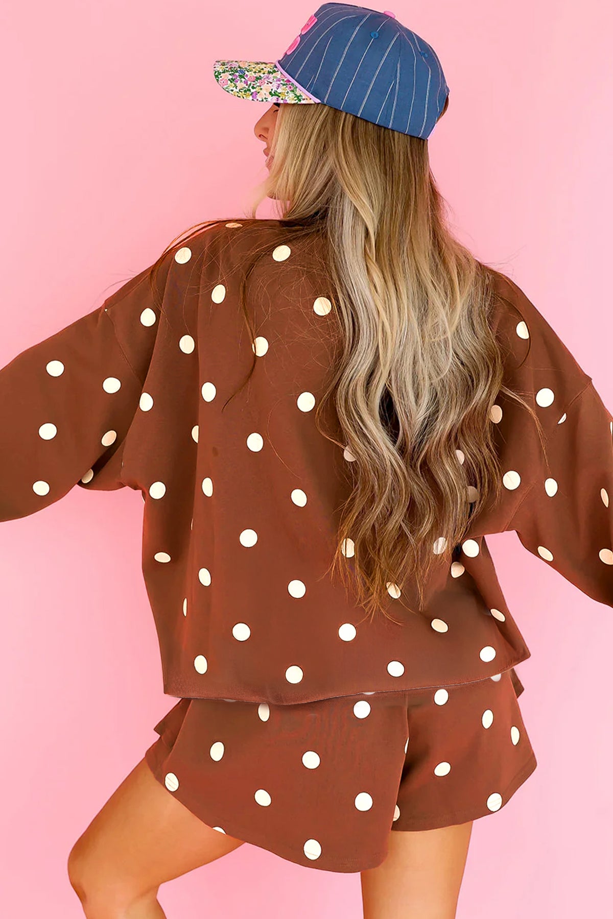 Women's Red Polka Dot Raw Hem Relaxed Pullover Loose Skort Two-Piece Set