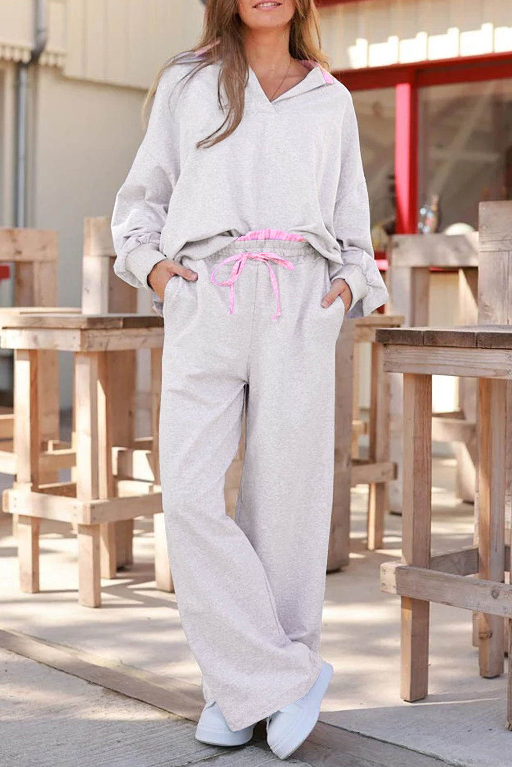 Women's Light Grey Two-Piece Contrasted Trim Frilled Collar Drop Shoulder Pullover Pants Two-Pi