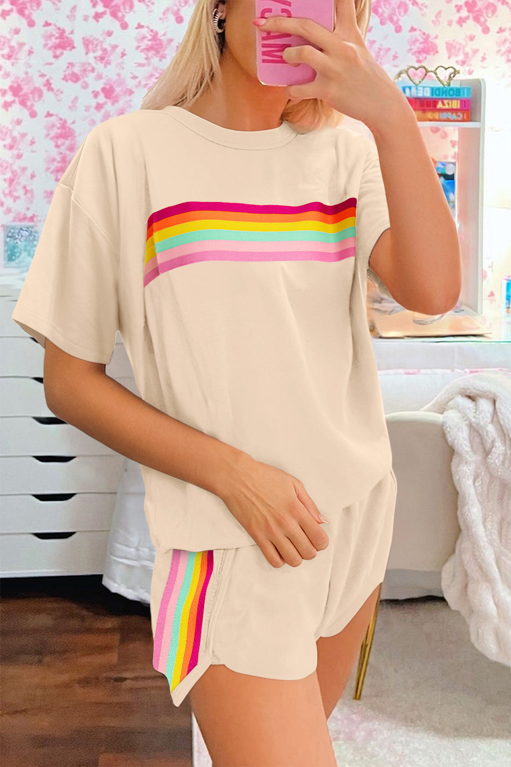 Women's Beige Vibrant Striped Detail Athleisure Two-Piece Shorts Set