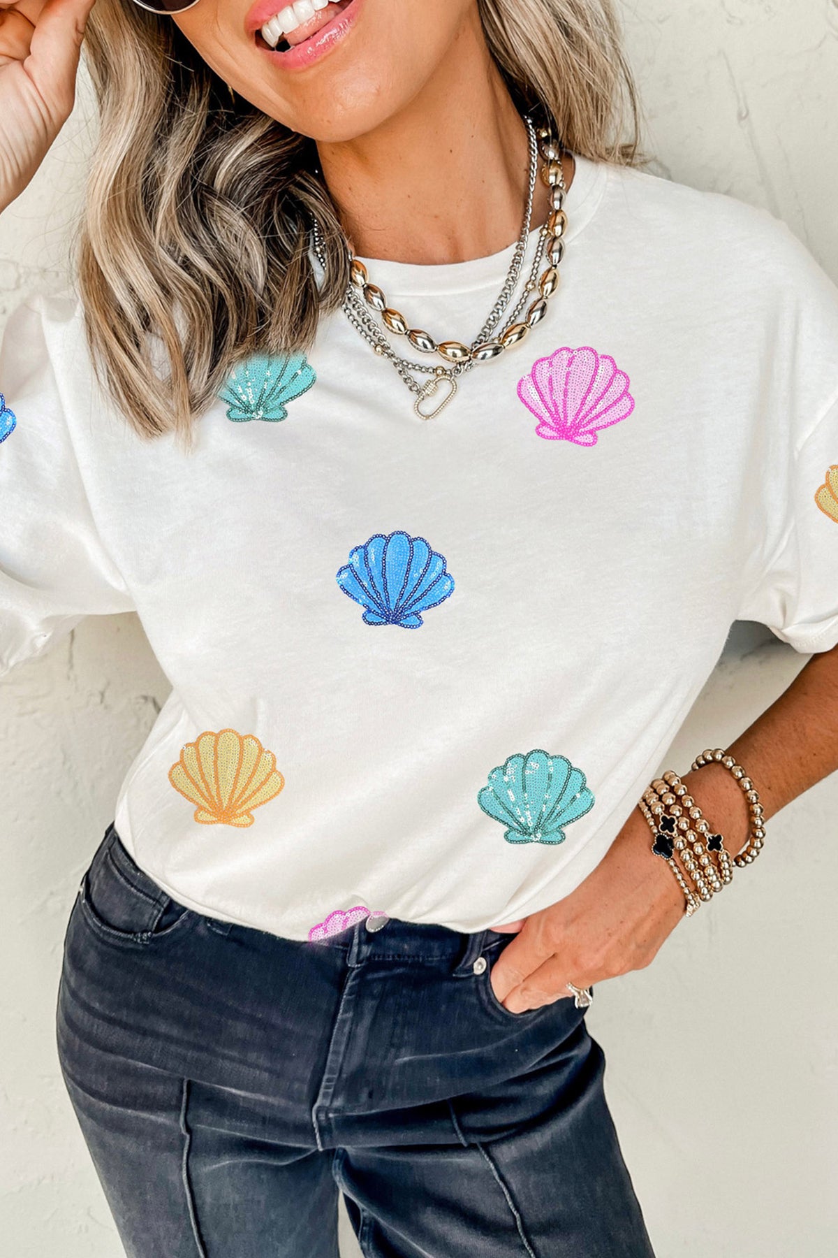 White Sequin Shell Graphic Summer Loose T-Shirt