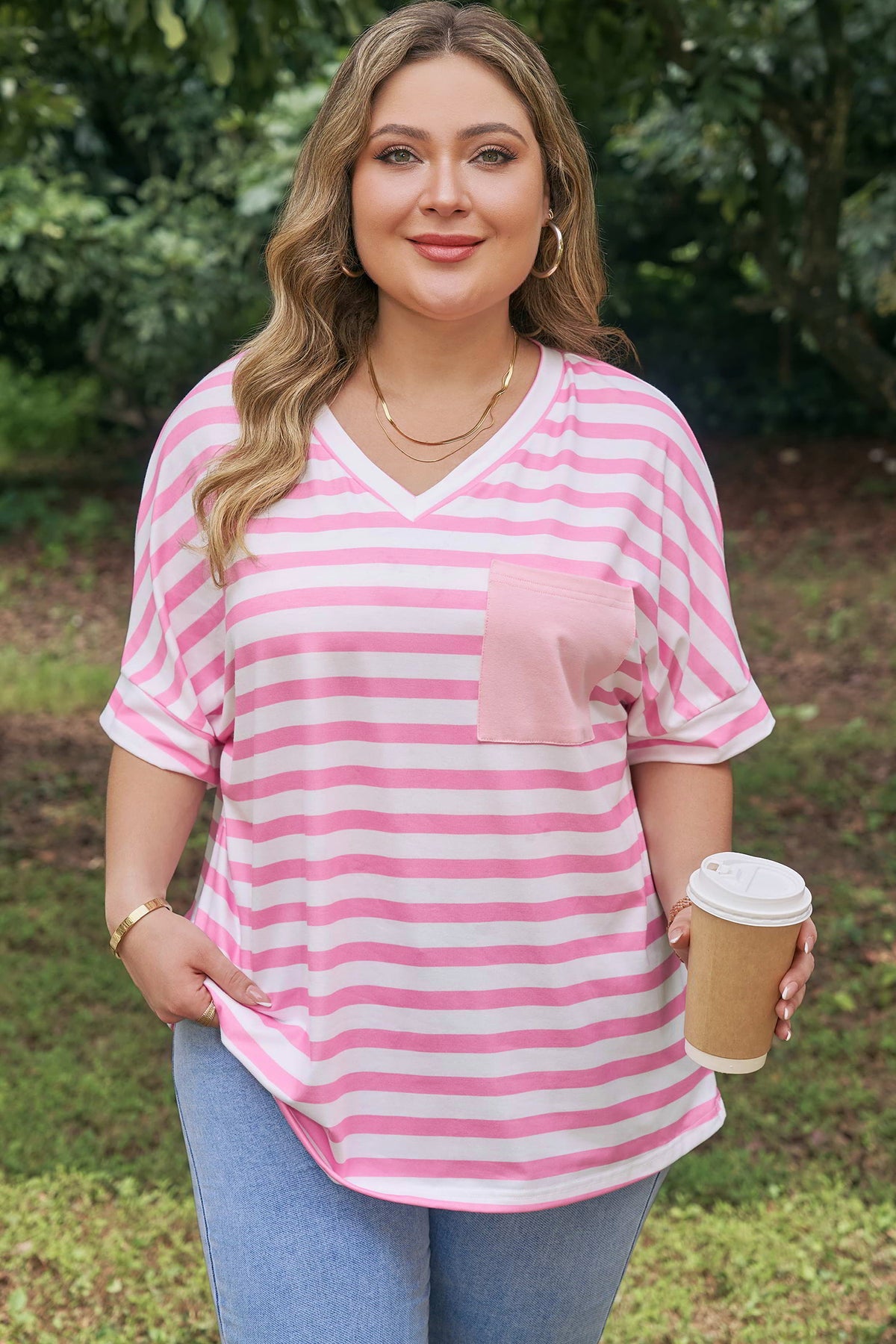 Pink Stripe Color-Block Patched Pocket V-Neck Plus Size Tee