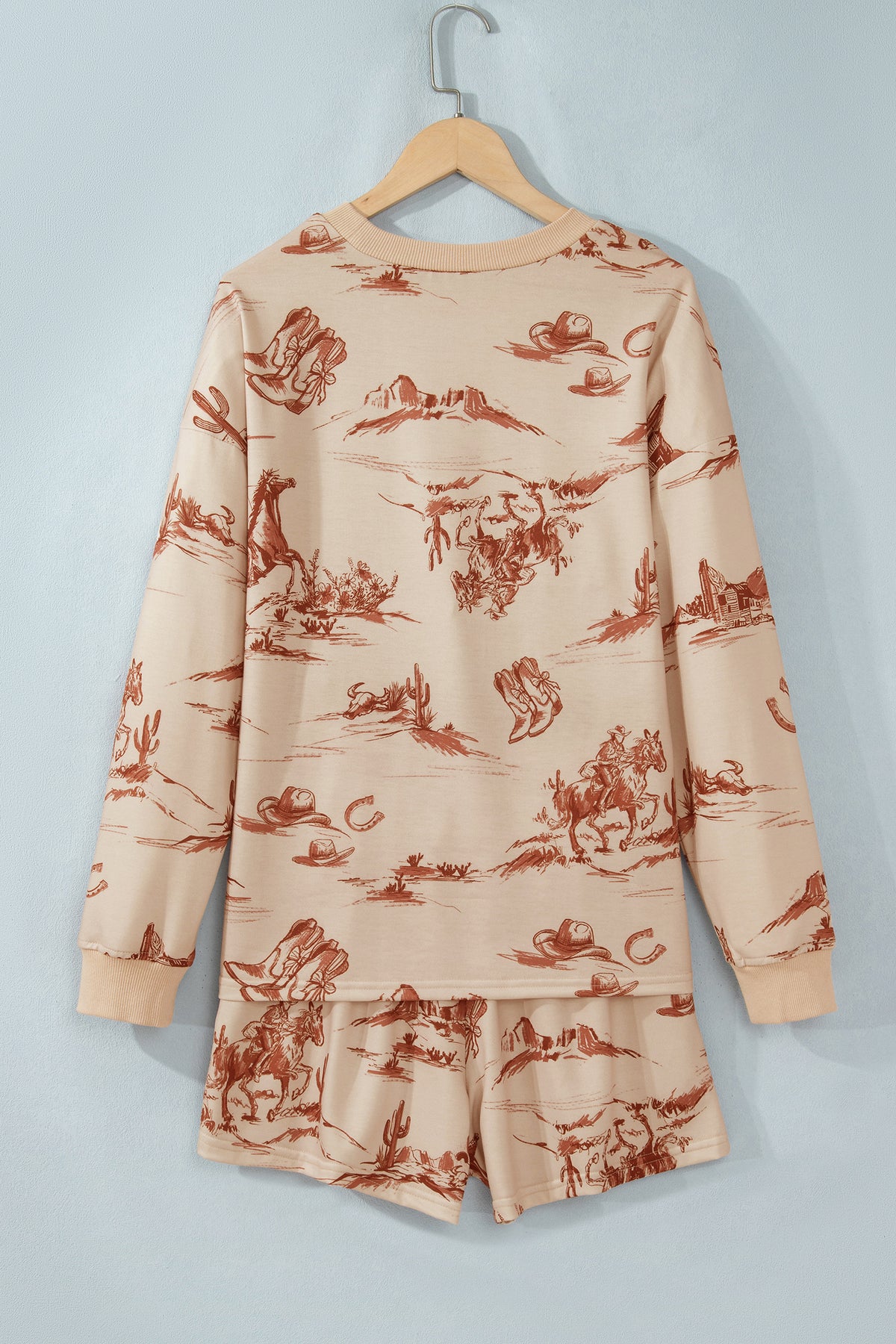 Women's Beige Western Print Loose Fit Long-Sleeve Top Shorts Set