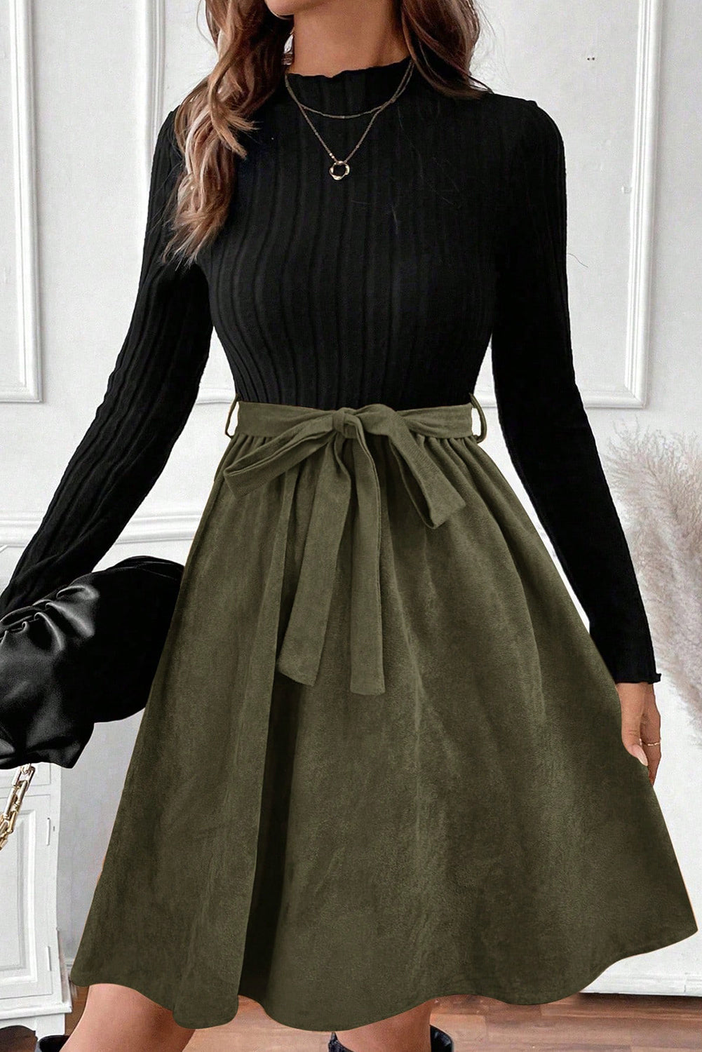 Black Ribbed Knit Slim Bodice Flared Skirt Patchwork Belted Dress