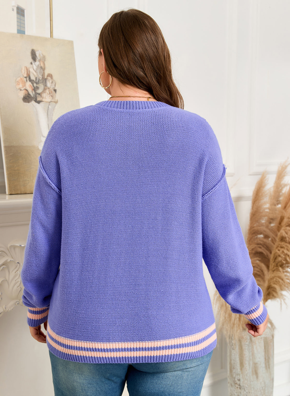 Wisteria Plus Size Striped Trim Drop-Shoulder Knit Loose Sweater